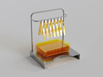 Stainless Steel Display Shelf with Hanging Yellow Utensils and Tray Storage Compartment 3d model