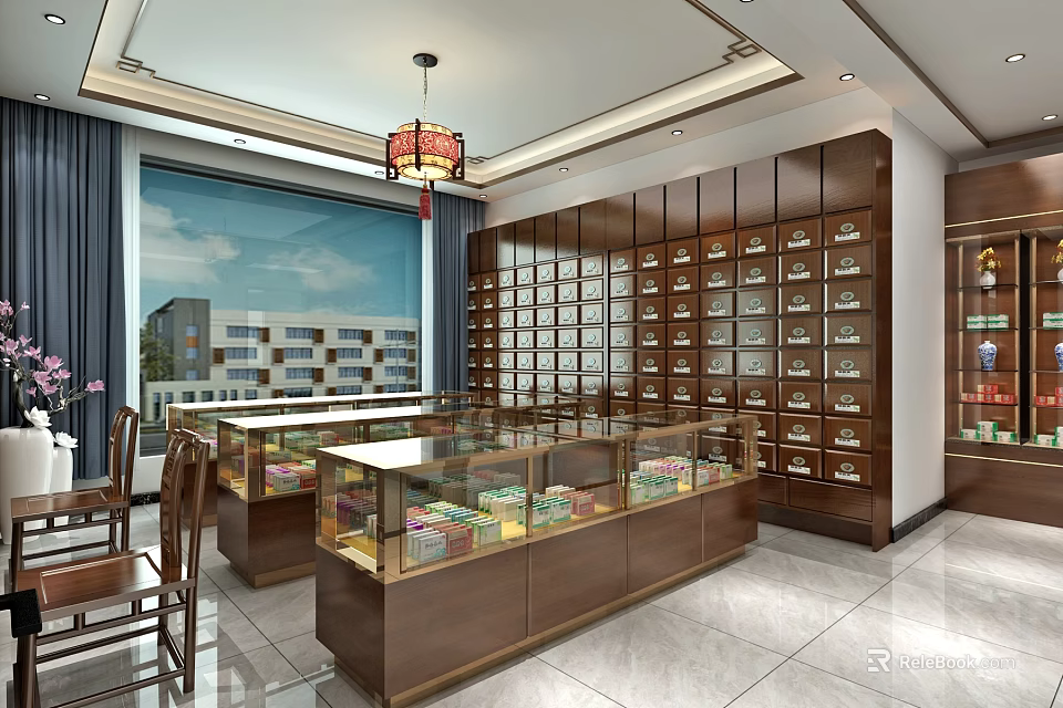Traditional Chinese Medicine Shop Interior With Wooden Cabinets And Herbal Display Cases 3d model 