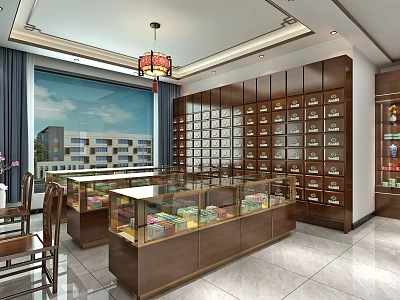 Traditional Chinese Medicine Shop Interior With Wooden Cabinets And Herbal Display Cases 3d model