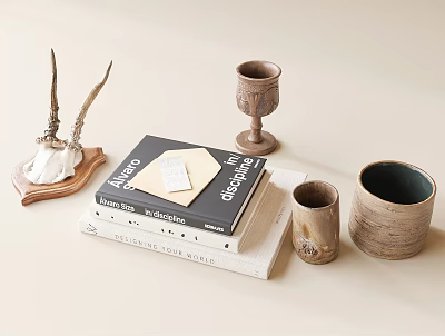 Decorative Ornament Set Including Antler Figurine Books Goblet And Ceramic Cups For Home Tabletop Decor 3d model