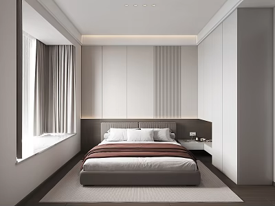 Modern Bedroom Interior Design With Gray Headboard Wall White Curtains And Wooden Floor 3d model