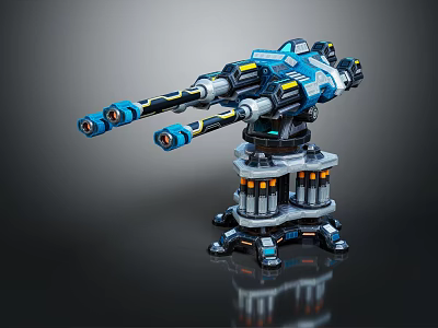Twin Barrel Mechanical Weapon Design with Blue Black Yellow Accents Orange Base and Reflective Finish 3d model