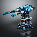 Twin Barrel Mechanical Weapon Design with Blue Black Yellow Accents Orange Base and Reflective Finish