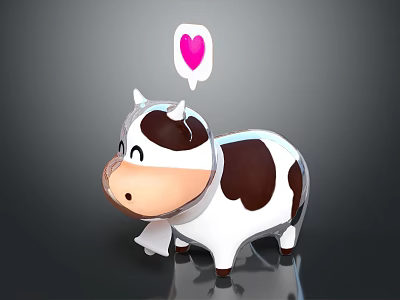 Cute Cartoon Cow Character Design With Black White Spots And Speech Bubble Containing Pink Heart 3d model