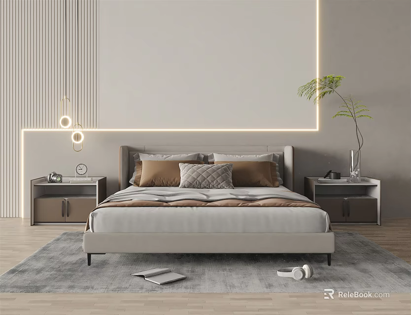 Modern Double Bed Bedroom Interior With Bedside Tables Strip Lights And Soft Rug 3d model 