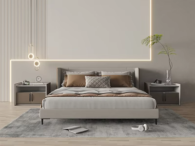 Modern Double Bed Bedroom Interior With Bedside Tables Strip Lights And Soft Rug 3d model