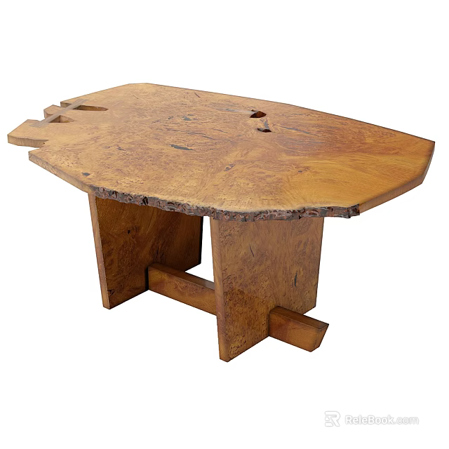 Natural Solid Wood Dining Table With Irregular Shape And Live Edge Natural Grain Design 3d model 