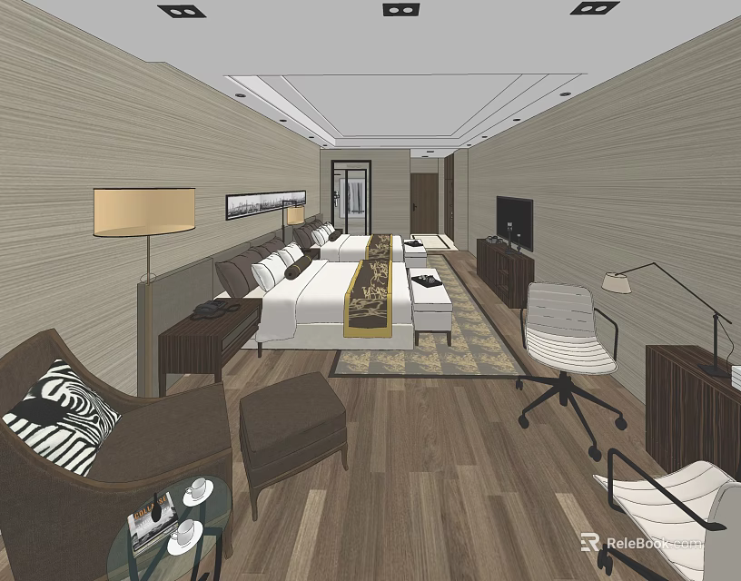 Modern Hotel Room Interior With Double Bed Sofa TV Lamp Carpet And Wooden Floor 3d model 