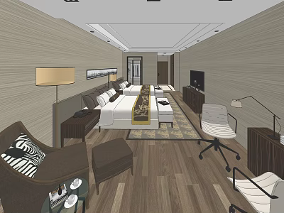 Modern Hotel Room Interior With Double Bed Sofa TV Lamp Carpet And Wooden Floor 3d model