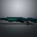 Futuristic Sci-Fi Weapon Featuring Blue Body Green Glowing Accents And Sleek Design Details