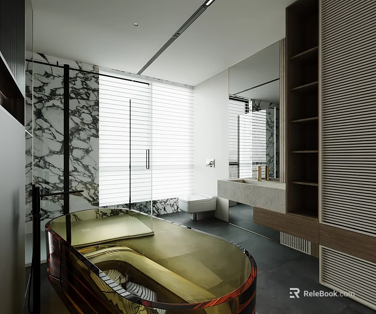 Elegant Modern Luxury Bathroom With Transparent Amber Bathtub Marble Features And Neat Wooden Storage Cabinets 3d model 