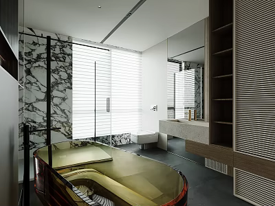 Elegant Modern Luxury Bathroom With Transparent Amber Bathtub Marble Features And Neat Wooden Storage Cabinets 3d model