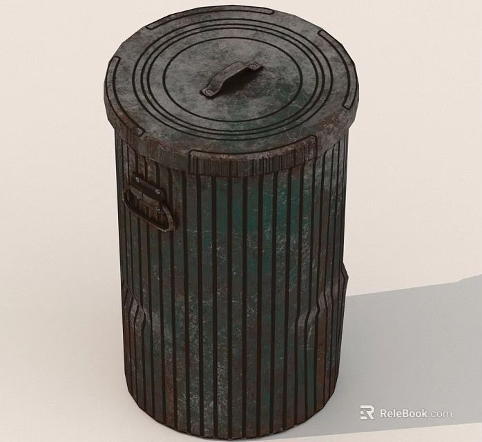 Vintage Metal Trash Can With Striped Design Lid Handle And Texture 3d model 
