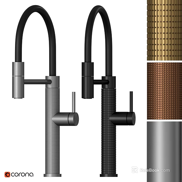 Modern Kitchen Faucets With Silver Black Textured Metal Handles And Spouts 3d model 