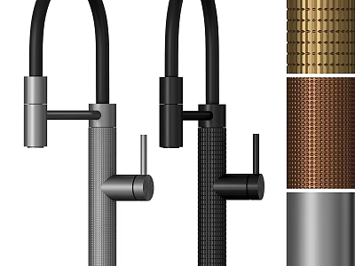 Modern Kitchen Faucets With Silver Black Textured Metal Handles And Spouts 3d model