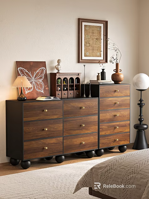 Wooden Dresser With Gold Handles Table Lamp Butterfly Decor And Floor Lamp 3d model 