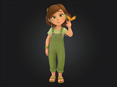 Cute Cartoon Girl Wearing Green Overalls And Headphones With Butterfly On Finger 3d model