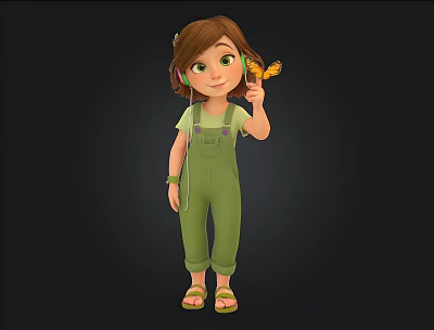 Cute Cartoon Girl Wearing Green Overalls And Headphones With Butterfly On Finger 3d model