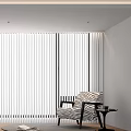 White Vertical Blinds In Modern Living Room With Beige Flooring Accent Chair And Wooden Bookshelf