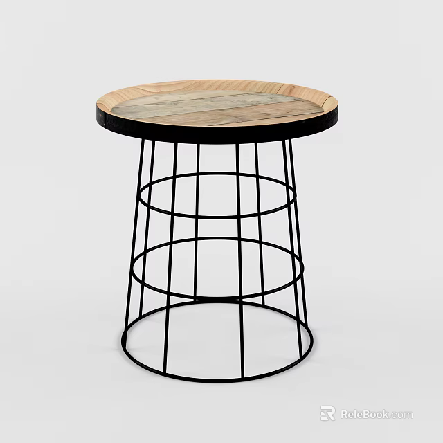 Modern Round Bar Stool Featuring Natural Wooden Top And Black Metal Frame Design 3d model 