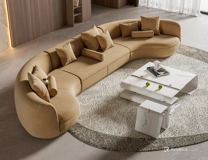 Elegant Modern Curved Beige Sofa Coffee Table Set With White Marble Top And Velvet Cushions 3d model 