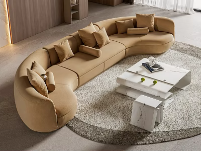 Elegant Modern Curved Beige Sofa Coffee Table Set With White Marble Top And Velvet Cushions 3d model