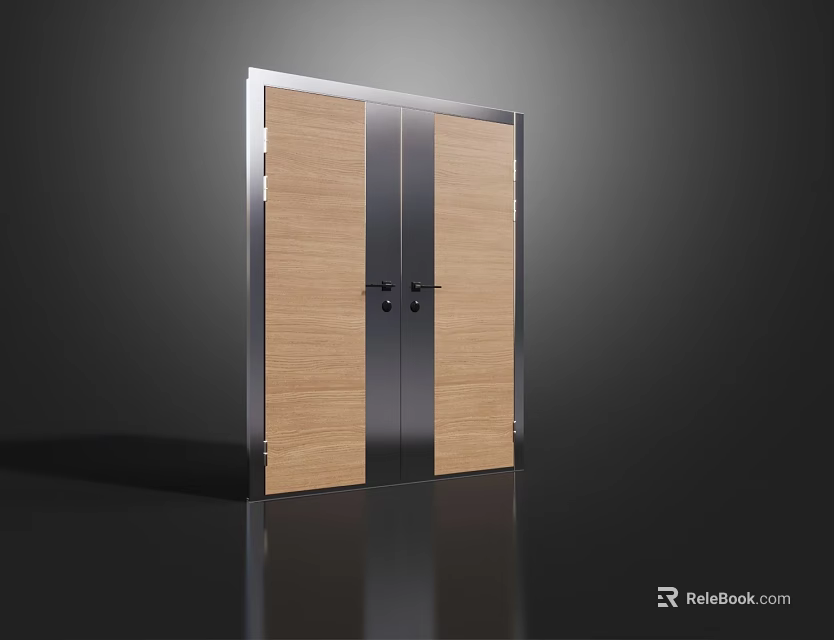 Modern Double Doors Design With Wooden Panels And Sleek Metal Frames 3d model 