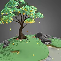 Cartoon Scene With Green Tree Yellow Leaves Grass Rocks Small Pond And Lily Pads