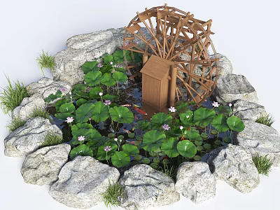 Traditional Wooden Waterwheel In Garden Pond With Lotus Leaves Flowers And Fish Around Rocks 3d model