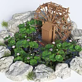 Traditional Wooden Waterwheel In Garden Pond With Lotus Leaves Flowers And Fish Around Rocks