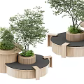 Wooden Circular Tree Planters With Green Plants And Black Surface Design