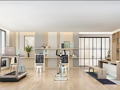 Modern Home Gym Office Interior With Treadmill Exercise Bike Desk Bookshelves And Plants 3d model