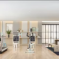 Modern Home Gym Office Interior With Treadmill Exercise Bike Desk Bookshelves And Plants