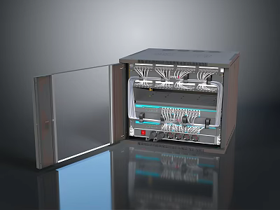 Open Electronic Computer Server Cabinet With Internal Wires And Hardware Components 3d model