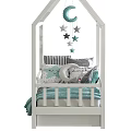 White House Shaped Kids Bed Featuring Moon Star Decor Drawers Pillows And Teddy Bear