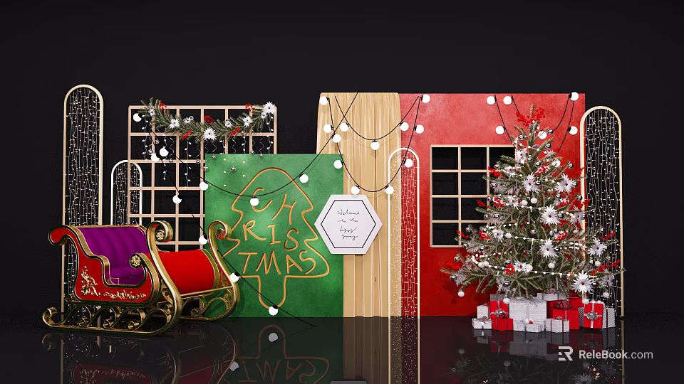 Colorful Christmas Decorations Featuring Sleigh Tree Gifts And String Lights 3d model 