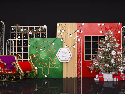 Colorful Christmas Decorations Featuring Sleigh Tree Gifts And String Lights 3d model