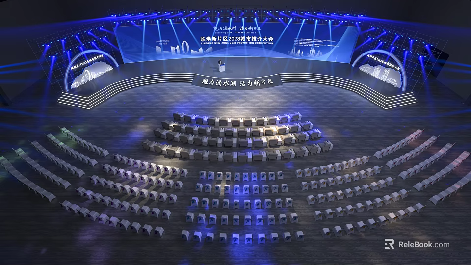 Modern Large Conference Venue With Stage Arranged Seats And Blue Lighting 3d model 