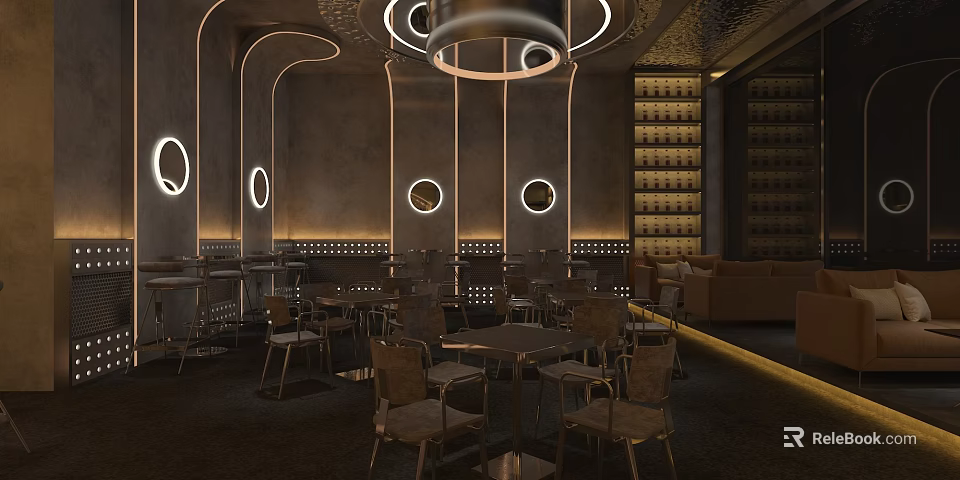 Modern Bar Interior With Circular Lighting Metal Tables Wine Racks And Seating Areas 3d model 