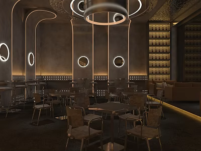 Modern Bar Interior With Circular Lighting Metal Tables Wine Racks And Seating Areas 3d model