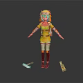 3D Game Movie Character in Yellow White Outfit with Yellow Helmet Blue Eyes and Props