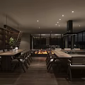 Modern Dining and Living Room Interior With Sofa Fireplace And Built in Bookshelves