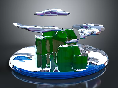 3D Rendered Cartoon Scene With Green Rock Formations And Transparent Floating Elements On Blue Circular Base 3d model