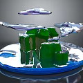 3D Rendered Cartoon Scene With Green Rock Formations And Transparent Floating Elements On Blue Circular Base