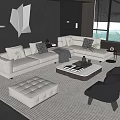 Modern Light Gray L-shaped Sofa and Coffee Table Set with Ottoman and Geometric Accent Wall