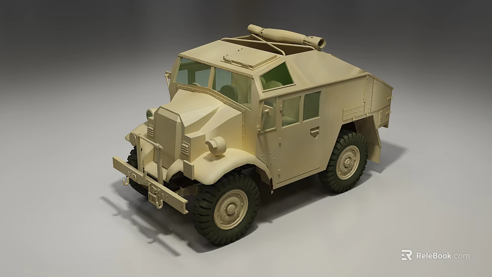 Beige Military Style Utility Vehicle With Large Tires Roof Mounted Equipment And Vintage Design 3d model 