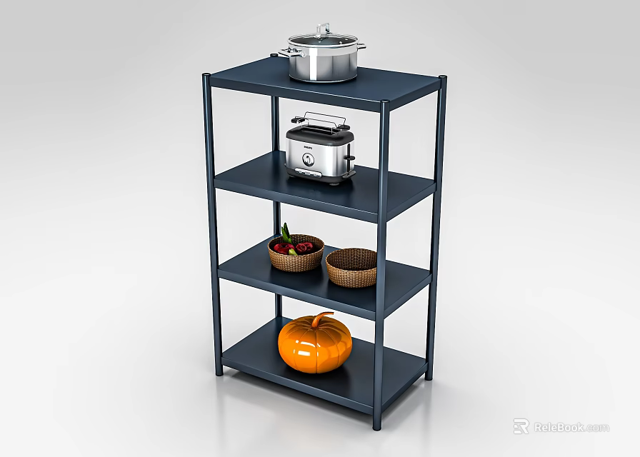 Multilayer Dark Blue Storage Shelf With Pot Toaster Woven Baskets Fruits And Pumpkin 3d model 
