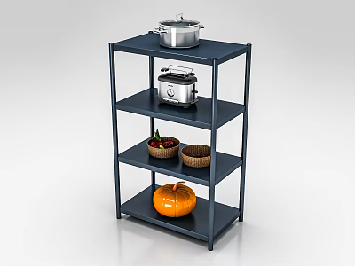 Multilayer Dark Blue Storage Shelf With Pot Toaster Woven Baskets Fruits And Pumpkin 3d model