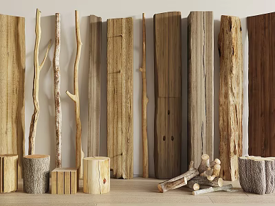 Natural Stone And Wood Decor Elements With Logs Planks Tree Stumps And Wooden Poles 3d model
