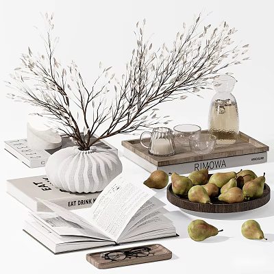 Modern Minimalist Decorative Ornament Set with White Vase Dried Branches Glass Carafe Books and Pears 3d model